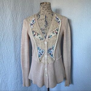 Free People silk cotton Cream Floral Embroidered V-Neck Cardigan